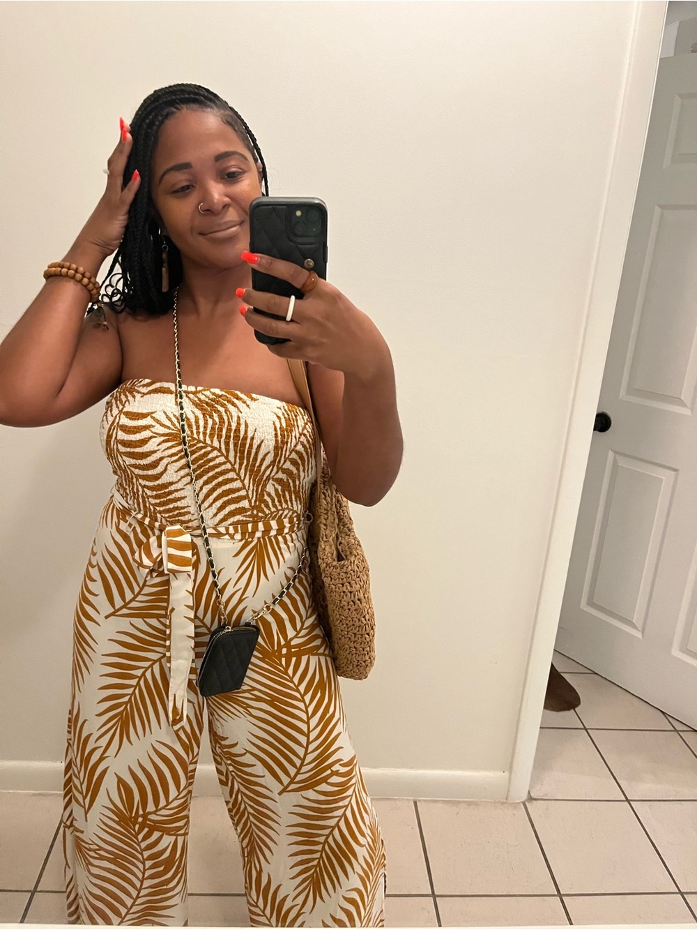 T.J.Maxx Strapless Wide-Leg Jumpsuit in Mustard and White Palm Print